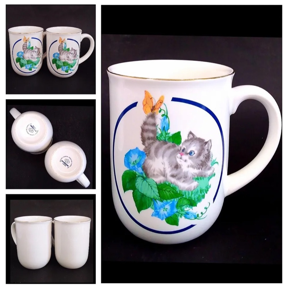 Vtg Otagiri Japan Mug Kitten Playing w/Butterfly Gibson Fine China Set of 2